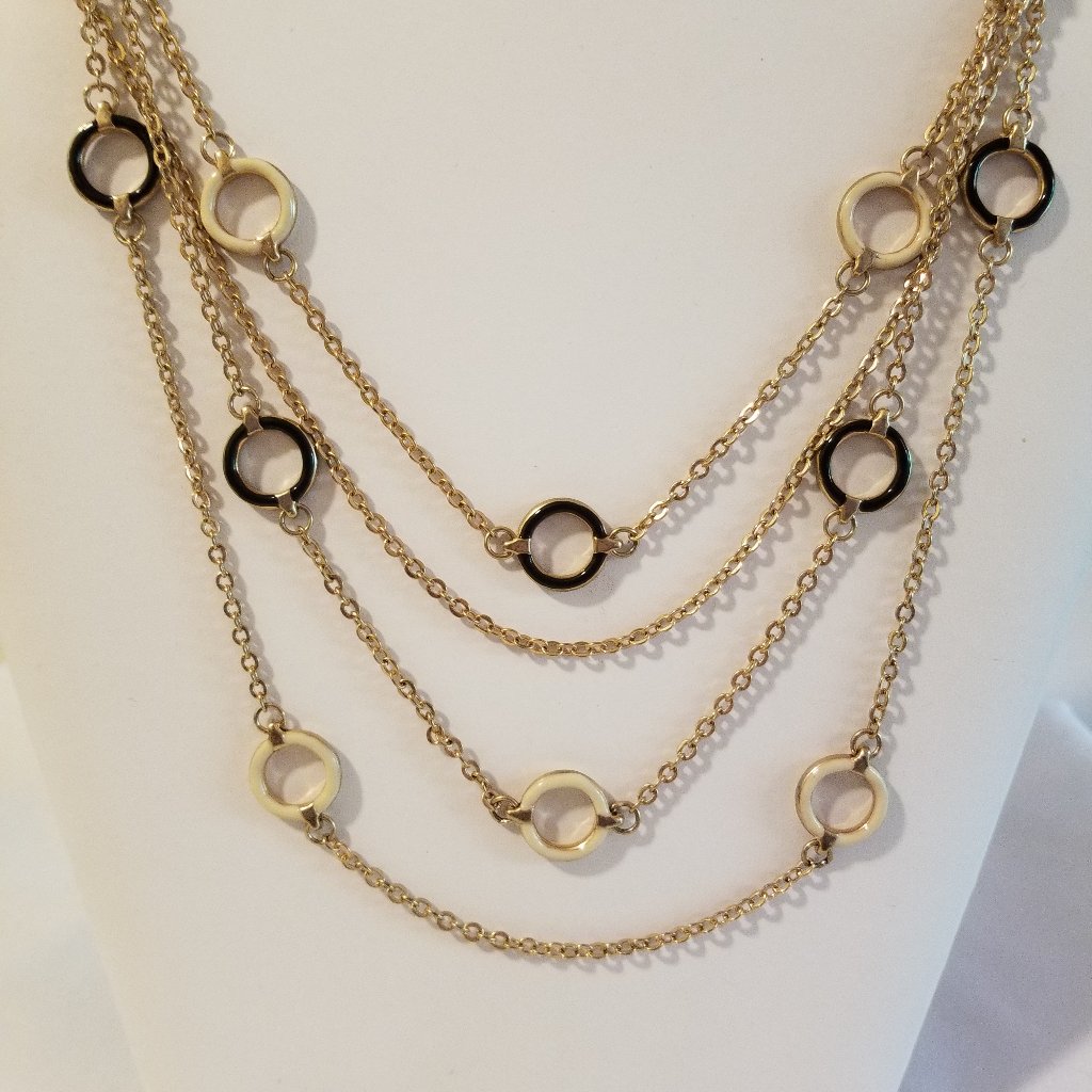 Gold Tone Blk White Enamel Ring 4 Strand Toggle 6$